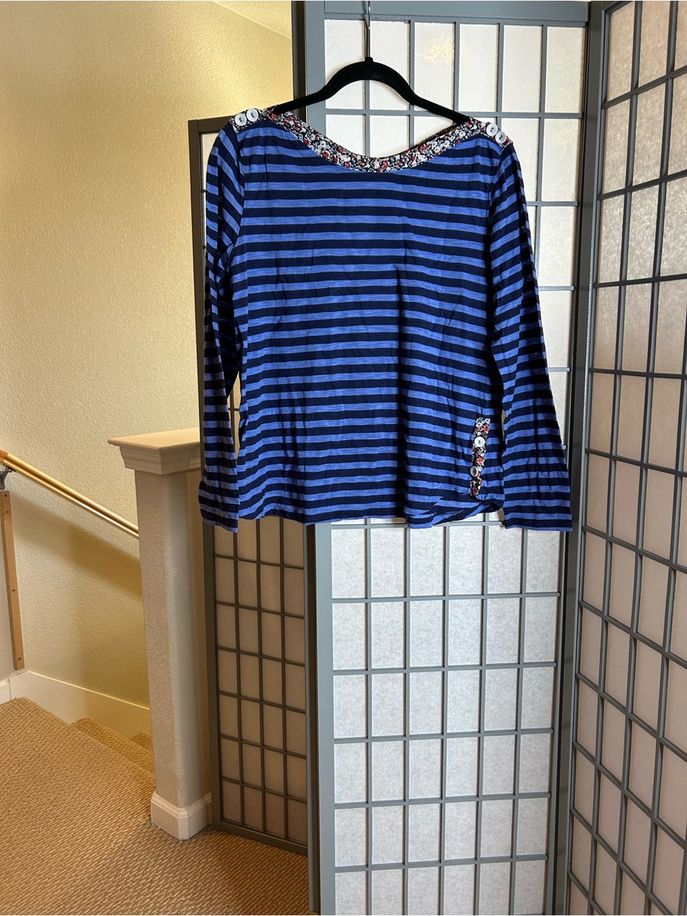 Anthropologie Postmark Blue and Navy Striped Long-Sleeve Tee with Floral Trim